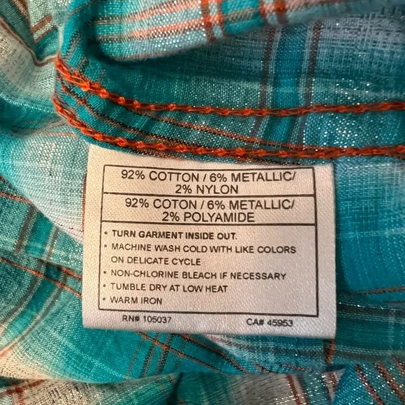 WOMEN’S ARIAT WESTERN SHIRT MEDIUM FITTED PEARL SNAP TEAL METALLIC PLAID STUDDED - Picture 10 of 10